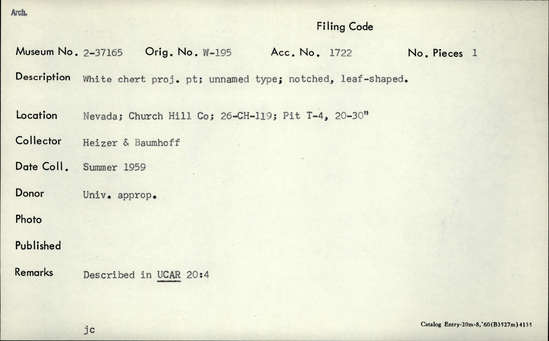Documentation associated with Hearst Museum object titled Projectile point, accession number 2-37165, described as White chert projectile point; unnamed type; notched, leaf-shaped.