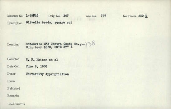 Documentation associated with Hearst Museum object titled Beads, accession number 1-49829, described as Olivella beads, square cut.