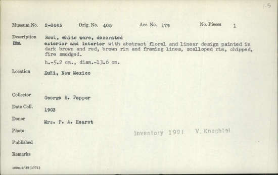 Documentation associated with Hearst Museum object titled Bowl, accession number 2-8465, described as Bowl, white ware, decorated exterior and interior with abstract floral and linear design painted in dark brown and red, brown rim and framing lines, scalloped rim, chipped, fire smudged. Height 5.2 cm.; diameter 13.6 cm.