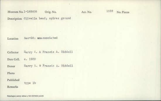 Documentation associated with Hearst Museum object titled Bead, accession number 1-165605, described as Olivella, spires ground.