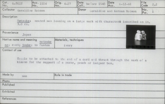 Documentation associated with Hearst Museum object titled Netsuke, accession number 9-7625, described as Netsuke: seated man leaning on a large sack with characters inscribed on it.