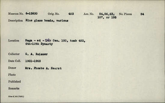 Documentation associated with Hearst Museum object titled Beads, accession number 6-13830, described as 10+ blue glaze barrel beads, 10+ blue glaze ball beads, piece count: 20+.