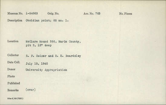 Documentation associated with Hearst Museum object titled Point, accession number 1-54063, described as Obsidian.