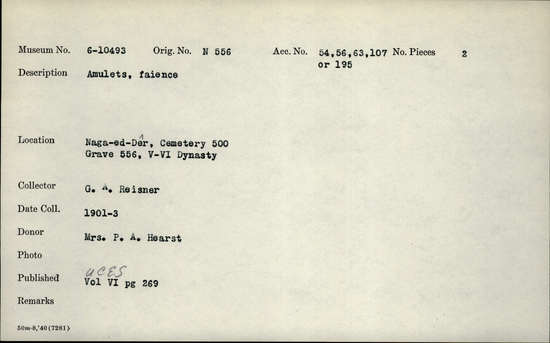 Documentation associated with Hearst Museum object titled Amulets, accession number 6-10493, described as amulets, faience