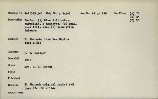 Documentation associated with Hearst Museum object titled Beads, accession number 6-22085, described as beads: a) blue frit cubes, carnelian, one amethyst b) small blue frit, etc. c) blue-green faience