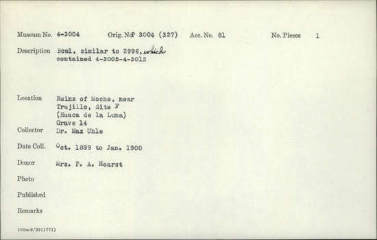 Documentation associated with Hearst Museum object titled Bowl, accession number 4-3004, described as Bowl, similar to 2996, which contained 4-3005-4-3012