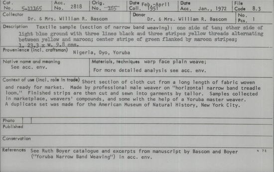 Documentation associated with Hearst Museum object titled Textile sample, accession number 5-11165, described as textile sample (section of narrow band weaving):  one side of tan; other side of light blue ground with three lines black and three stripes yellow threads alternating between yellow and maroon;  center stripe of green flanked by maroon stripes;  l. 23.3 x w. 9.8 cms