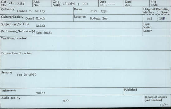 Documentation associated with Hearst Museum object titled Audio recording, accession number 24-2983, described as Kilak Dance Song