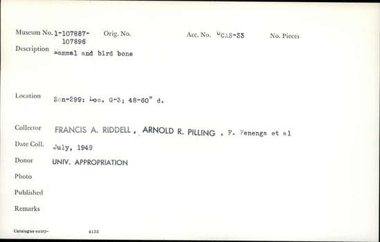 Documentation associated with Hearst Museum object titled Faunal remains, accession number 1-107890, described as Mammal and bird bone.