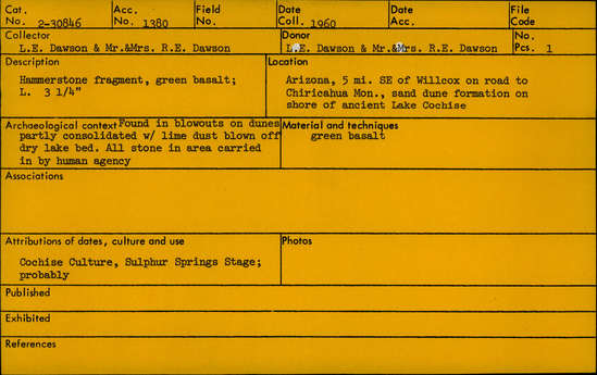 Documentation associated with Hearst Museum object titled Hammerstone fragment, accession number 2-30846, described as Hammerstone fragment, green basalt; length 3 1//4 inches.