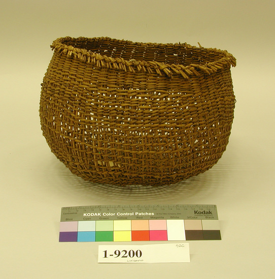 Hearst Museum object titled Seed beater, accession number 1-9200, described as Seed beater basket; twined. Warp and weft are Rush (Juncus).