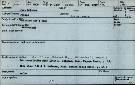 Documentation associated with Hearst Museum object titled Audio recording, accession number 24-2440, described as Medicine Man's Song Notebook 14, p. 161 Series 11, Record 9