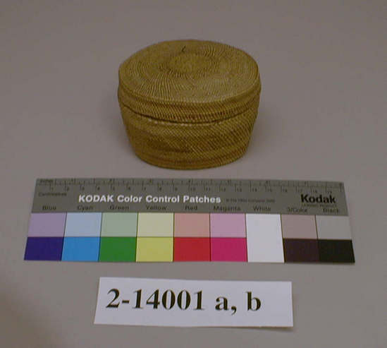 Hearst Museum object titled Basket and lid, accession number 2-14001a,b, described as a) Twined basket brown and red bands, rim reinforced with bark strip.  b) Lid.