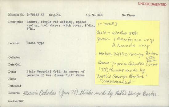 Documentation associated with Hearst Museum object titled Basket with lid, accession number 1-70683a,b, described as Single rod coiling, spaced sewing, bowl shape. With cover.