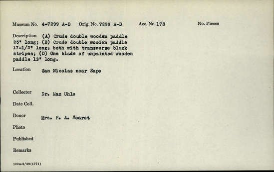 Documentation associated with Hearst Museum object titled Paddle, accession number 4-7299a, no description available.