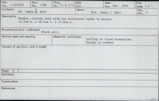 Documentation associated with Hearst Museum object titled Basket, accession number 1-211529, described as Coiled; oval-shaped with flaring sides.  Rim damaged in several places.  Design: 2 horizontal bands of "flying geese" in red; in redbud. 3-rod foundation.