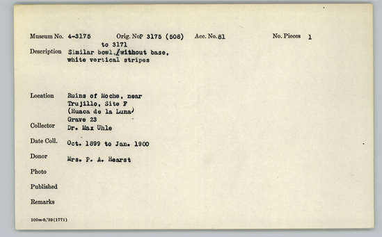 Documentation associated with Hearst Museum object titled Bowl, accession number 4-3175, described as Similar bowl/without base, white vertical stripes