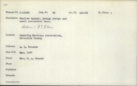 Documentation associated with Hearst Museum object titled Basket, accession number 1-11053, described as Shallow. Design stripe and small horizontal bars.