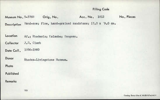 Documentation associated with Hearst Museum object titled Handaxe, accession number 5-3768, described as Hand-axe; fine, hard-grained sandstone; 17.0 x 9.0 cm.