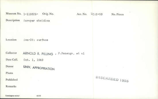 Documentation associated with Hearst Museum object titled Scraper, accession number 1-119325, described as Obsidian