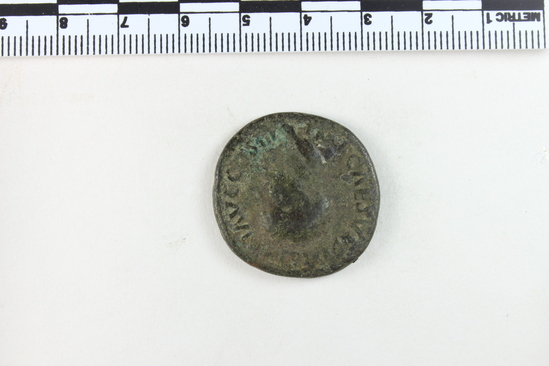 Hearst Museum object 7 of 8 titled Coin: æ as, accession number 8-6404, described as Coin; Æ; aes grave; as; Vespasian - 12.65 grams. Obverse: IMP CAES VESPASIAN AVG COS III - Head laureate facing right. Reverse: FORTVNAE REDVCI - SC in field - Fortuna standing facing left holding rudder on globe and cornucopiae.