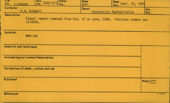 Documentation associated with Hearst Museum object titled Shell fragment, accession number 1-240099, described as Removed from Cat. 12. Previous number was 12-9290.