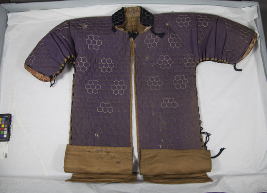 Hearst Museum object titled Robe, accession number 9-2091, described as Armored jacket, purple and gold. Notice: Image restricted due to its potentially sensitive nature. Contact Museum to request access.