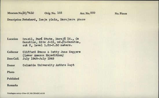 Documentation associated with Hearst Museum object titled Potsherds, accession number 16-7410, described as Potsherd, Inaja plain, Marajoara phase