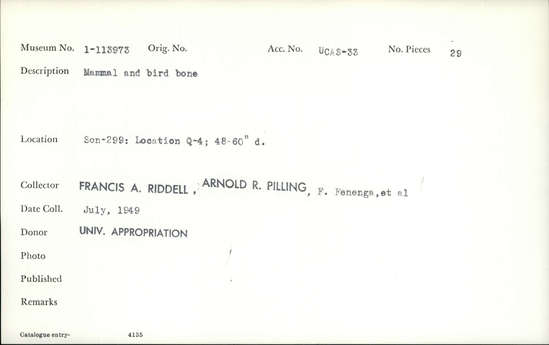 Documentation associated with Hearst Museum object titled Faunal remains, accession number 1-113973, described as Mammal and bird