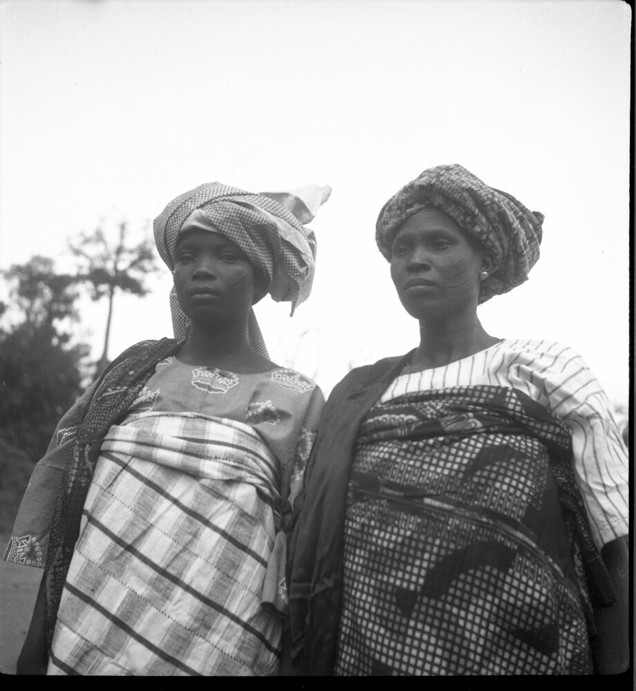 Hearst Museum object titled Black-and-white negative, accession number 15-31777, described as Black-and-white negative, Nigeria, Oyo, 2 king's wives, 1951