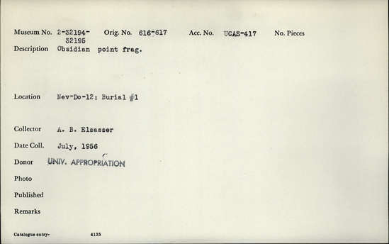 Documentation associated with Hearst Museum object titled Point fragment, accession number 2-32195, described as Obsidian point fragment.