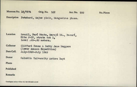 Documentation associated with Hearst Museum object titled Potsherds, accession number 16-7374, described as Potsherds, Anjos plain