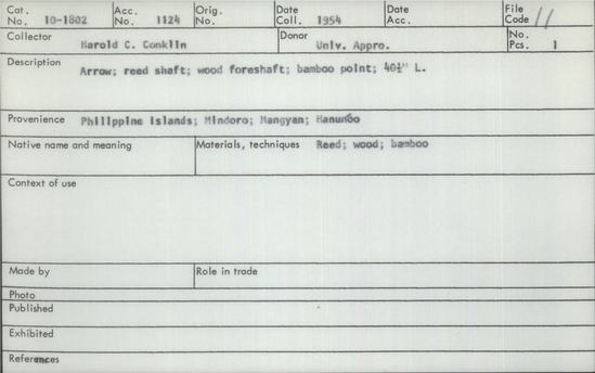 Documentation associated with Hearst Museum object titled Arrow, accession number 10-1802, described as Arrow; reed shaft, wood foreshaft, bamboo point, 40½ inches long
