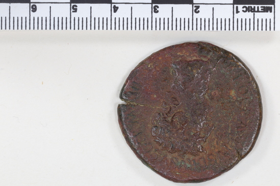 Hearst Museum object 7 of 8 titled Coin: ar, accession number 8-4732, described as Coin; AR; Roman. Claudius, 41-54 AD. Obverse: NERO CLAVDIVS DRVSVS GERMANICVS, bust r. laureate. Reverse: TI CLAVDIVS CAESAR TR P IMP, figure seated l.