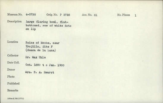 Documentation associated with Hearst Museum object titled Bowl, accession number 4-2738, described as Large flaring bowl, flat bottomed, row of white dots on lip.