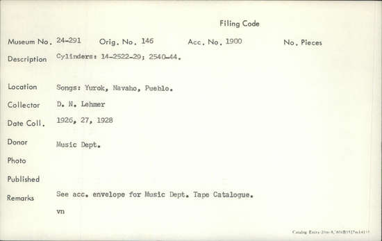 Documentation associated with Hearst Museum object titled Audio recording, accession number 24-291, described as Songs: Yurok, Navaho, Pueblo. See acc. envelope for music dept. tape catalogue. Cylinders: 14-2522-29, 2540-44.