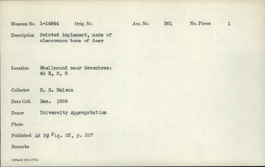 Documentation associated with Hearst Museum object titled Worked bone, accession number 1-14844, described as Pointed, made of oleocranon bone of deer Gifford Bone Type C2. Bone artifact; mammal ulna. Notice: Image restricted due to its potentially sensitive nature. Contact Museum to request access.