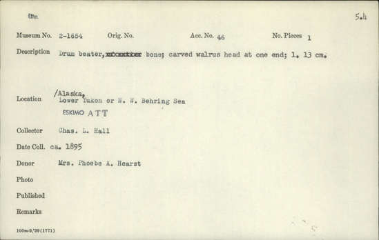 Documentation associated with Hearst Museum object titled Drum beater, accession number 2-1654, described as Drum beater. Made of bone.  Carved walrus head at one end.