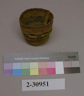 Hearst Museum object titled Basket, accession number 2-30951, described as Twined, multicolored overlay elements.