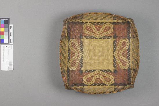 Hearst Museum object 6 of 9 titled Rectangular tray, accession number 2-10334, described as Tray, rectangular; made of split cane. Red and black decoration.