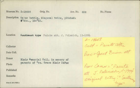 Documentation associated with Hearst Museum object titled Water bottle, accession number 2-18668, described as Diagonal twine, pitched.