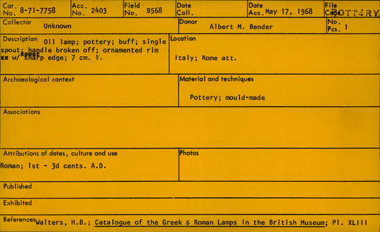 Documentation associated with Hearst Museum object titled Oil lamp, accession number 8-7758, described as Oil lamp; pottery; buff; single spout; handle broken off; ornamented rim