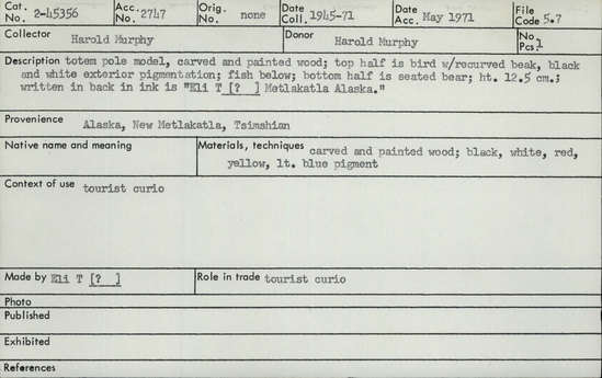 Documentation associated with Hearst Museum object titled Totem pole model, accession number 2-45356, described as Carved and painted wood totem pole model; top half is bird with recurved beak, black and white exterior pigmentation, also red, yellow, and light blue pigment used; fish below; bottom half is a seated bear. Written in back in ink is: "Eli T (? ) Metlakatla Alaska".