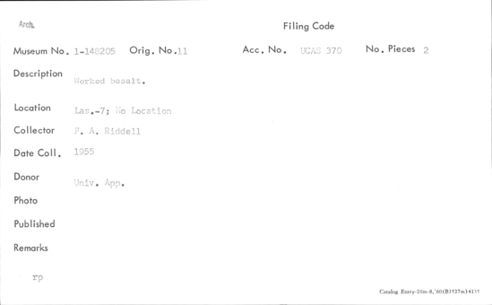 Documentation associated with Hearst Museum object titled Basalt, accession number 1-148205, described as Worked.