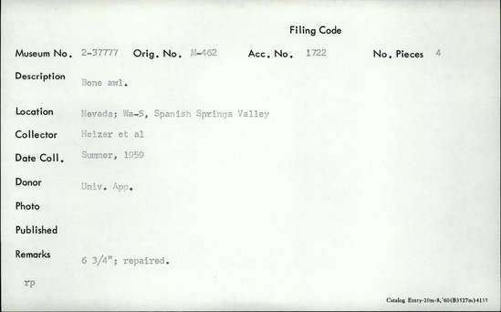 Documentation associated with Hearst Museum object titled Awl, accession number 2-37777, described as Bone awl