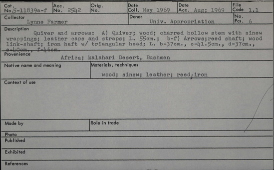 Documentation associated with Hearst Museum object titled Quiver and darts, accession number 5-11839a-f, described as Quiver, base and cap both marked "a".  (b)-(f) darts