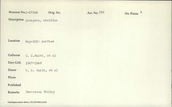 Documentation associated with Hearst Museum object titled Scrapers, accession number 1-87398, described as scrapers, obsidian