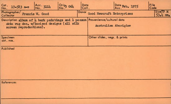 Documentation associated with Hearst Museum object titled Silkscreen, accession number 17-583a-e, described as Album of four bark paintings and one possum skin rug decorated with incised designs.