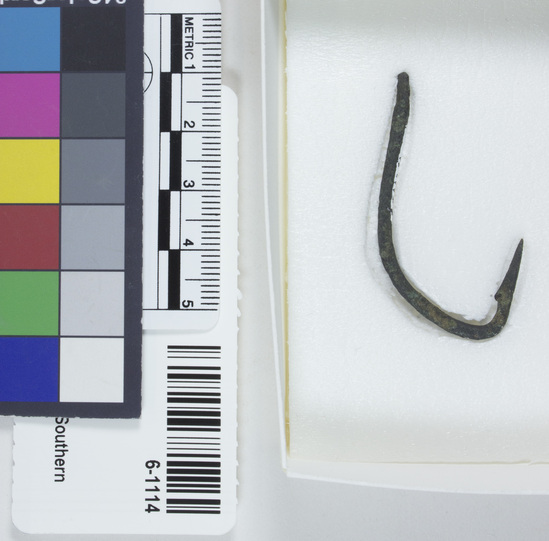 Hearst Museum object titled Fishhook, accession number 6-1114, described as Copper fish hook