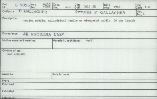 Documentation associated with Hearst Museum object titled Paddle, accession number 5-7095, described as Wooden paddle, cylindrical handle with elongated paddle. 50 cms length. Use unknown.